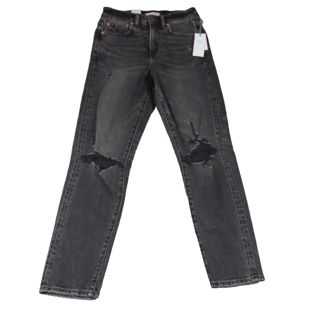 AE77 Mom Jean Womens 0 Black Distressed Denim High Rise NWT Trendy Fit $128 MSRP